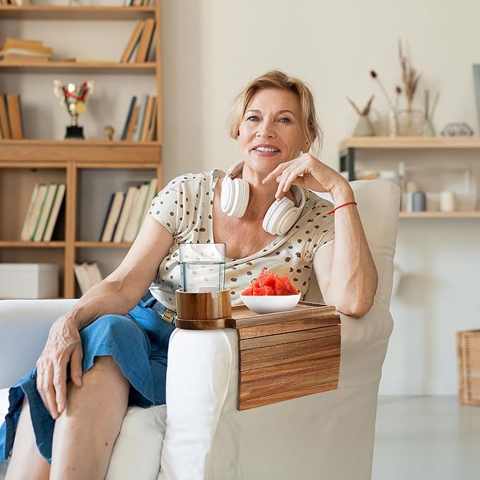 Couch Cup Holder, Acacia Wood Couch Arm Tray with 360° Rotating Cup Holder,Foldable Anti-Slip Sofa Arm Chair Tray for Eating Snack Drink Side Table