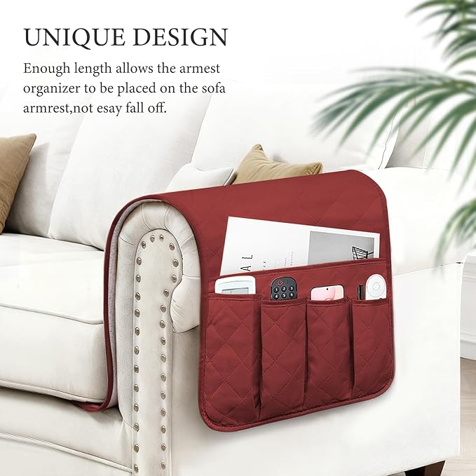 Armchair Caddy Couch Caddy Organizer Remote Control Holder Non-Slip Sofa Armrest Organize with 5 Pockets for Cell Phone TV Remote Control Magazines (RED)