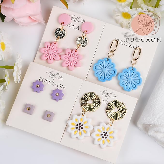 Puocaon Floral Polymer Clay Cutters - 8 Pcs Mexican Tile Clay Cutters for Earrings, 3D Print Embossed Clay Cutters for Polymer Clay Jewelry Making, Hollow Flower Clay Earring Cutters for Polymer Clay