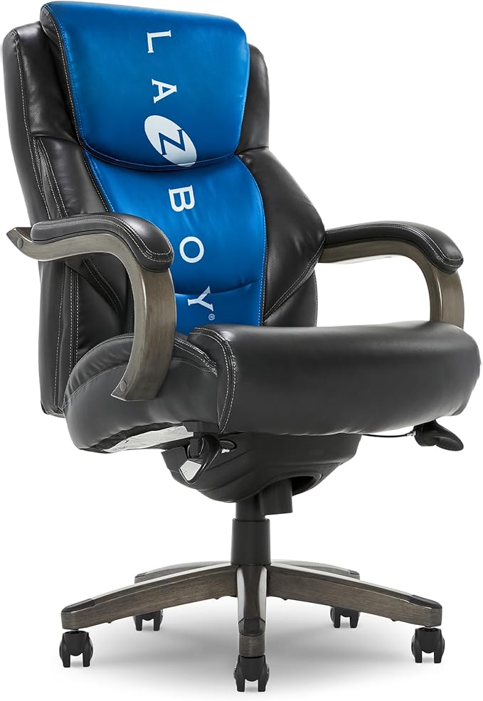 La-Z-Boy Delano Big & Tall Executive Office Chair, High Back Ergonomic Lumbar Support, Bonded Leather, Black with Weathered Gray Wood