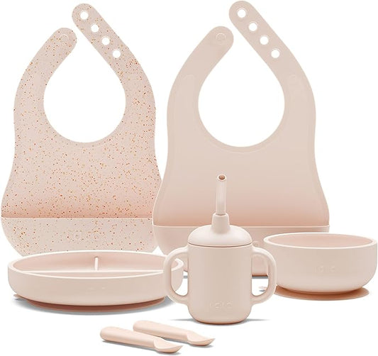 Lalo First Bites Silicone Baby Feeding Set - Baby Led Weaning Supplies - Non-Toxic Silicone - Includes 2 Bibs, 2 Spoons, Training Cup, Suction Plate and Bowl - 6 Pieces - Grapefruit