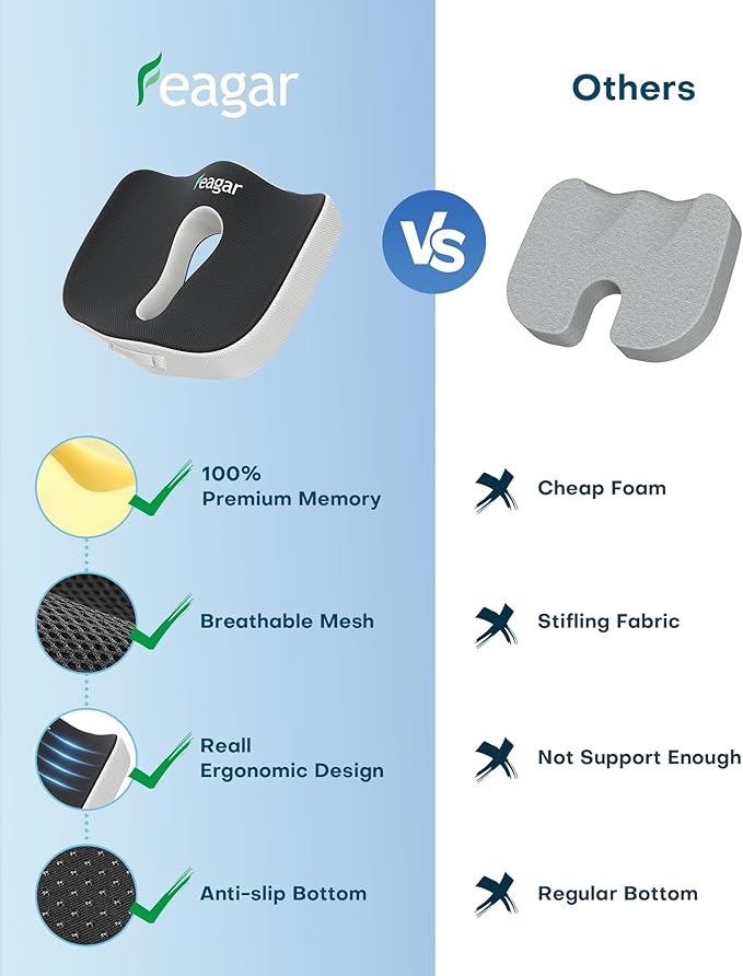 Feagar X Large Memory Foam Seat Cushions for Office Chairs Desk, Gaming Chair Cushion Tailbone Pain Relief Mesh Pads Extra Dense Hip Sciatica Car Seat Cushion for Long Sitting Hours