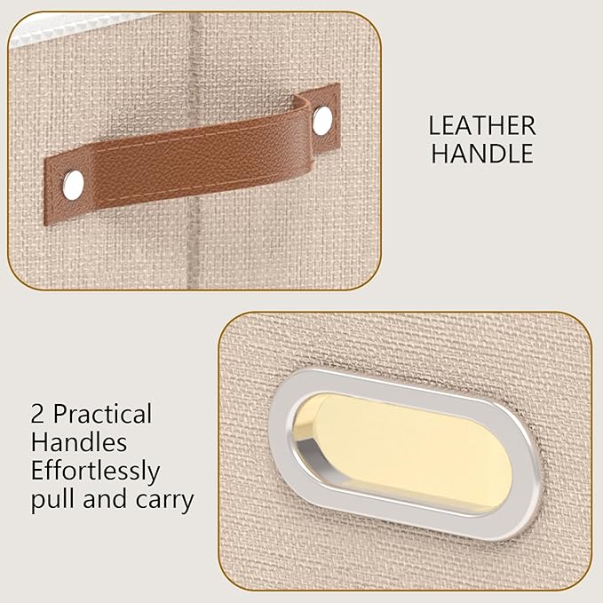 Yawinhe Fabric Storage Bins with Handles, Foldable Baskets for Shelves, Cubes with 3 Handles, Large Boxes for Clothes, Beige, 16.9''Lx11.8''Wx10.2''H, 4-Pack