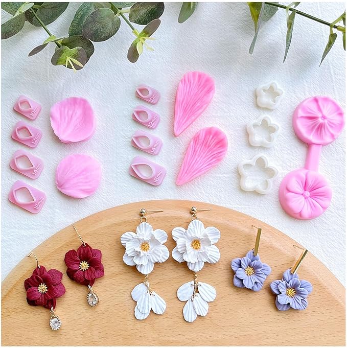 Keoker Flower Petal Clay Cutters - Polymer Clay Cutters for Earrings Making, 4 Shapes with Polymer Clay Petal Press Mold, Clay Cutters for Polymer Clay Jewelry (D)