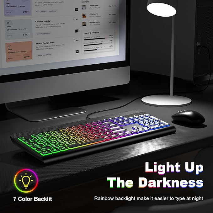 Large Print Backlit Keyboard, USB Wired Computer Keyboard, Full Size Keyboard with Rainbow Illuminated LED Compatible for Windows Desktop, Laptop, PC, Gaming, Black