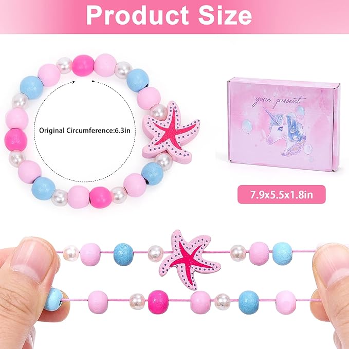G.C 24 Pcs Girls Bracelets Jewelry for Kids Cute Unicorn Mermaid Animal Pendant Colorful Wooden Beaded Bracelets Princess Pretend Play Gifts for Toddlers