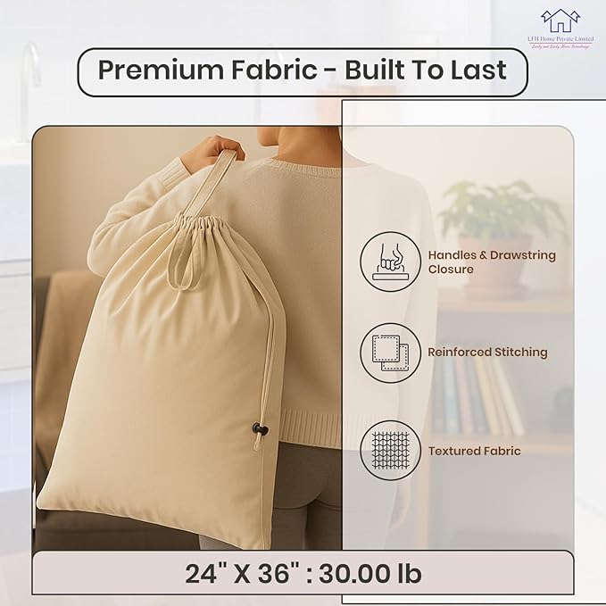 LFH Home Large Premium 100% Cotton Canvas Laundry Bag with Drawstring and Handles Heavy Duty, Multi-Use, and Washable for Home, Travel, College or Storage 24x36 (Pack of 2)-Natural