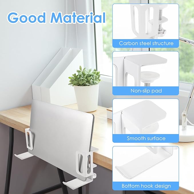 Desk Side Laptop Stand, Vertical Desk Side Laptop Holder with Headphone Stand, Adjustable Length Mount Storage Rack, No Drill Clamp Organizer for Laptops, Tablets, Keyboards (White)