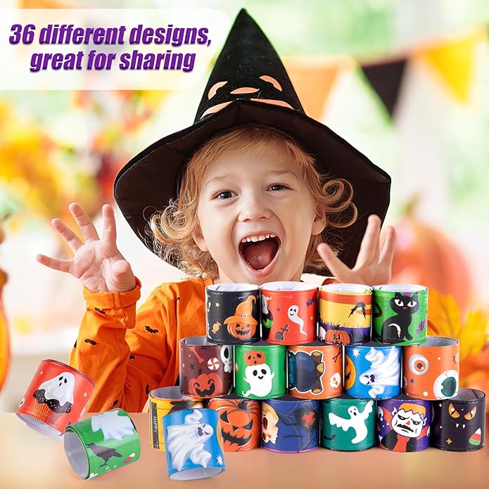 AMOR PRESENT 64PCS Slap Bracelets Bulk, Halloween Slap Bracelets for Kids Snap Wrist Bands for Party Favors Goodie Bags Trick Or Treat Toys