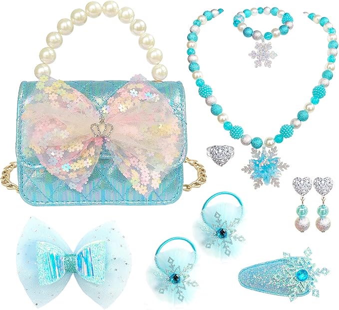 Girl Handbag Purse for Little Girls Kids Pretend Play Dress Up Necklace Hair Accessories Jewelry Set, Light Blue