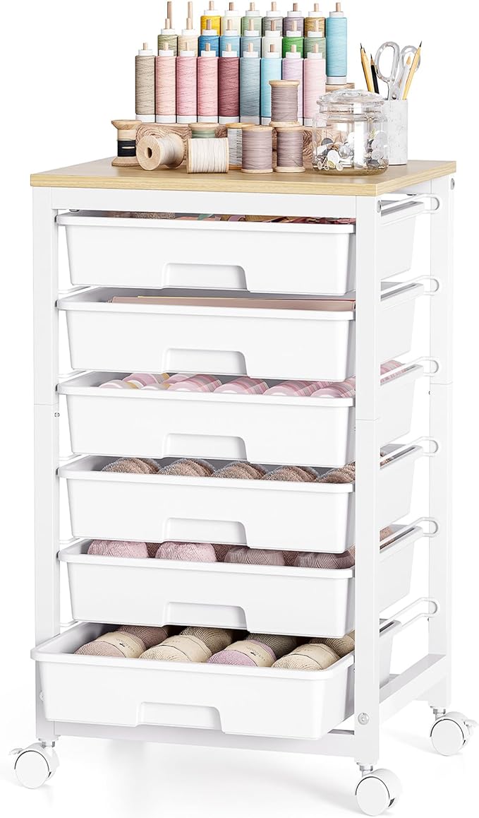 Rolling Storage Utility Cart with 6 Drawers and Wooden Tabletop for Under Desk Storage,White