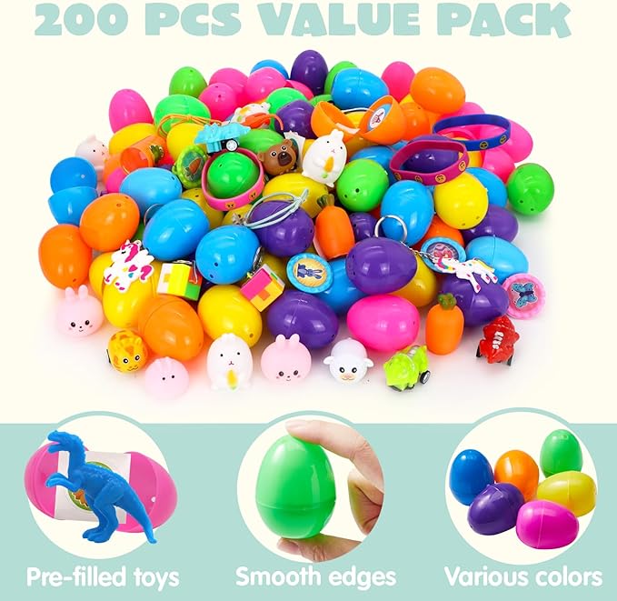 JOYIN 200 Pcs Prefilled Easter Eggs with Novelty Toys and Stickers, Filling Treats, Easter Eggs Hunt, Basket Stuffers Fillers, Theme Party Favor, Classroom Prize