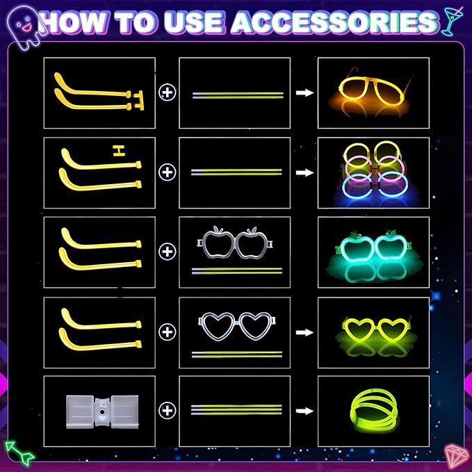 470psc Glow in the Dark Party Supplies for Kids Adults birthdays,Light Up Party Favors with，200 Glow Sticks Bulk，DIY Glow Necklaces Glasses Bracelets Headband, Christmas Party Neon Party Supplies