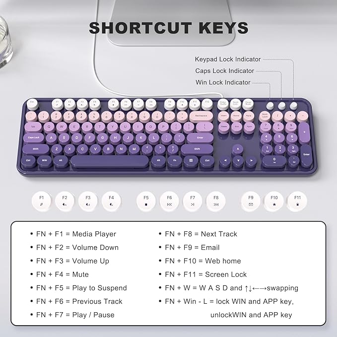 Computer Keyboard Wired, Plug Play USB Keyboard with Large Number Pad, Caps Indicators, Foldable Stands, Full Size Keyboard for Windows PC Laptop (Purple)
