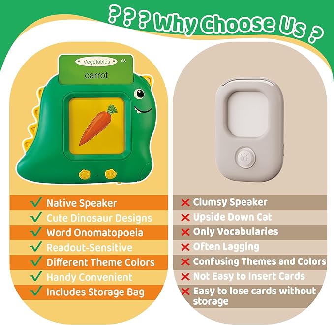 Kids Toddler Toys, Baby Dinosaur Talking Flash Cards for 2 3 4 5 6 Year Old Boys Girls with 224 Sight Words, Autism Sensory Toys, Montessori Learning Educational Toys Children Gifts (Green)