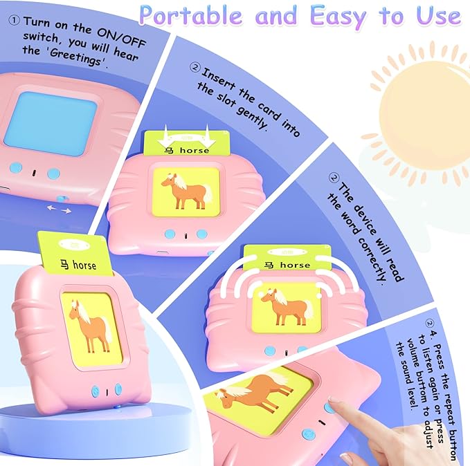 Learning Montessori Toys for 3 Years Old Boys Girls, ROATEE Autism Sensory Toys, 448 Sight Words Talking Flash Cards for Preschool Learning Activities, ABC Learning for Toddlers (Pink)