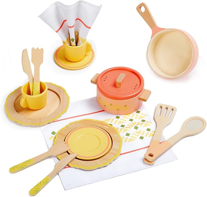 Giant bean Play Dishes for Kids Kitchen, Wooden Kitchen Toys Set Including Play Dishes, Pot and Pan, Utensils, Montessori Play Accessories for 3 4 5 Years Old Girls and Boys Gifts