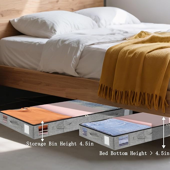 combocube 2 Pack Under Bed Storage Containers, 4.5" Low Profile Underbed Storage Bins with Sturdy Support, Stackable Space Saving Organizer with 4 Handles & Label Windows for Shoes Clothes Blankets