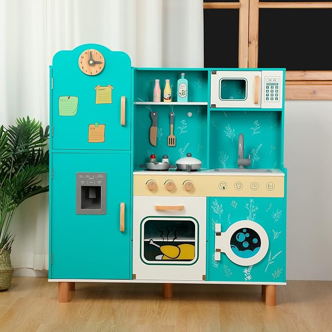 Bruvoalon Wooden Play Kitchen Toy Set for Kids, with Realistic Design, Sink with Faucet, Oven, Microwave, Utensils, Kitchenware Play Food Set Accessories, Birthday Gifts for Toddlers Boys Girl (Green)