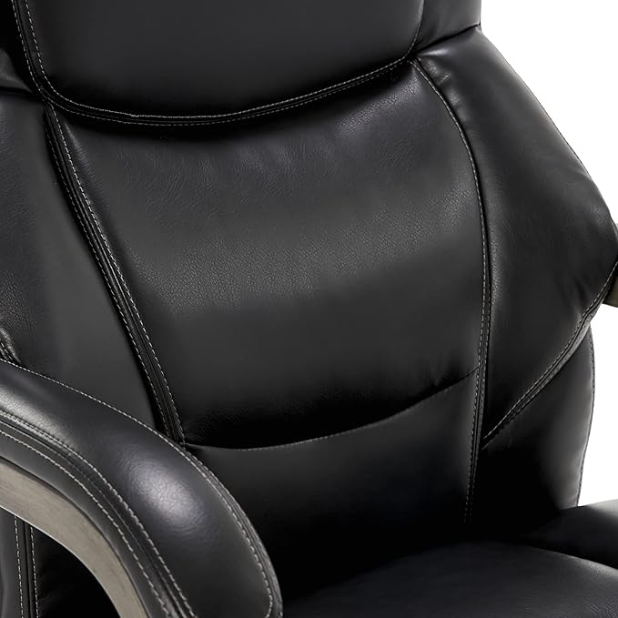 La-Z-Boy Delano Big & Tall Executive Office Chair, High Back Ergonomic Lumbar Support, Bonded Leather, Black with Weathered Gray Wood