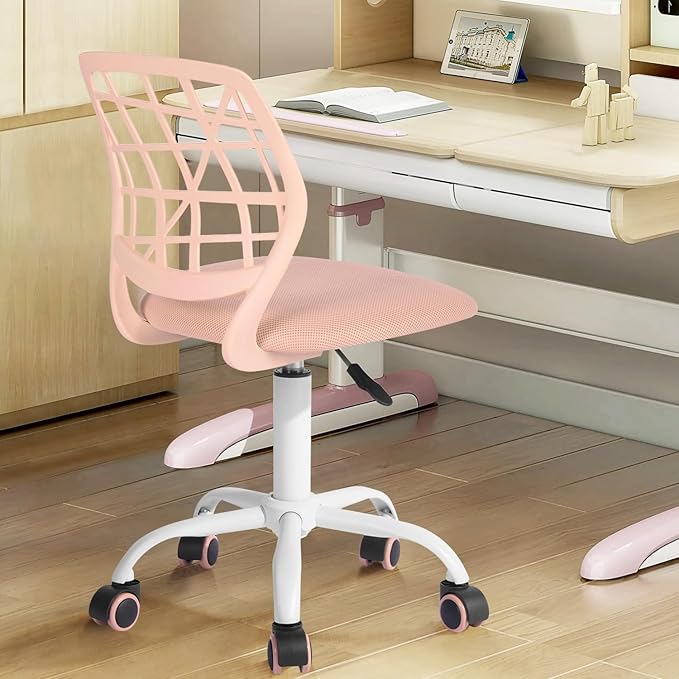 FurnitureR Kids Desk Chair, Small Office Chair Armless Study Chair, Cute Chic Adjsutable Swivel Rolling Task Chair with Soft Cushion for Kids Teens Children Student, Rose