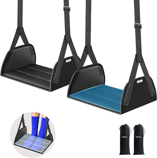 SARISUN 2-Pack Airplane Foot Hammock for Travel, No Collapse Plane Foot Hammock with Wide Hardboard Support, Portable Foot Sling for Under Desk with Adjustable Strap, Carry Bags for Women & Men