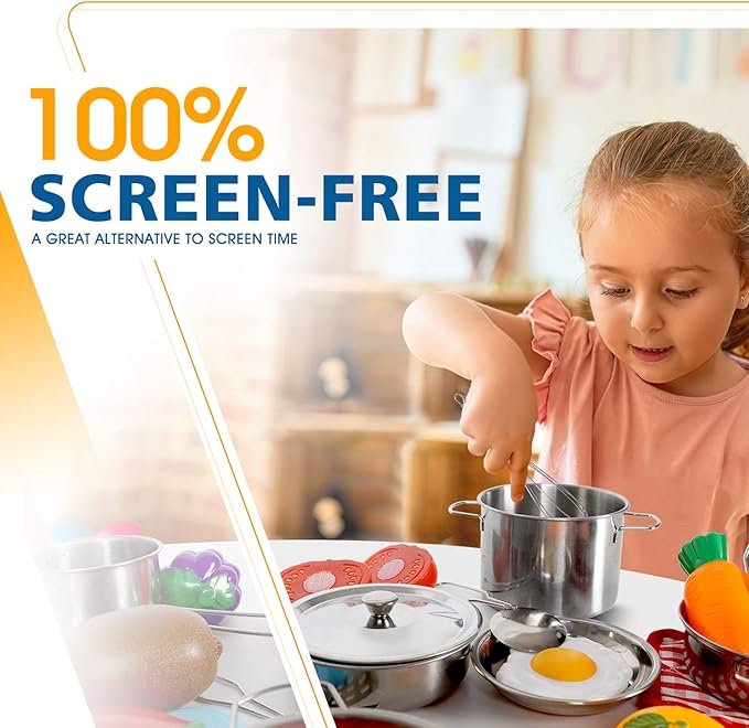 28Pcs Pretend Play Kitchen Toys, Kitchen Playset Cooking Toys Set with Stainless Steel Cookware and Accessories for Kids Toddlers Girls Boys