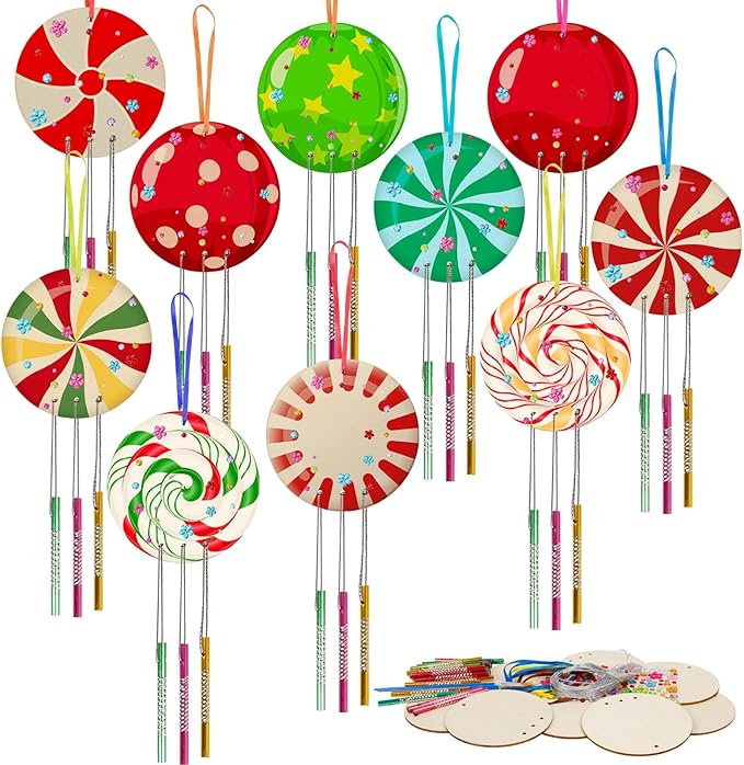 Fennoral 9 Pack Christmas Wind Chime Kit for Kids Make You Own Christmas Candy Wind Chimes DIY Paint Wooden Art and Craft for Girls Boys Christmas Craft Supplies Christmas Tree Decorations