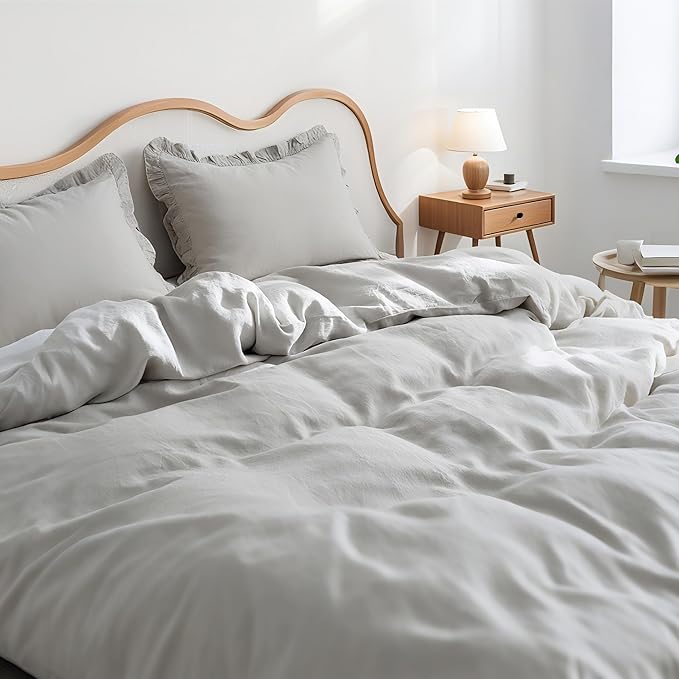 Simple&Opulence 100% Linen Duvet Cover Set, 3 PCS Natural French Flax Light Grey Ruffle Duvet Cover Full Size, Breathable Comfy Linen Bedding Comforter Cover with 2 Pillowcases (Light Grey, 78" X 86")