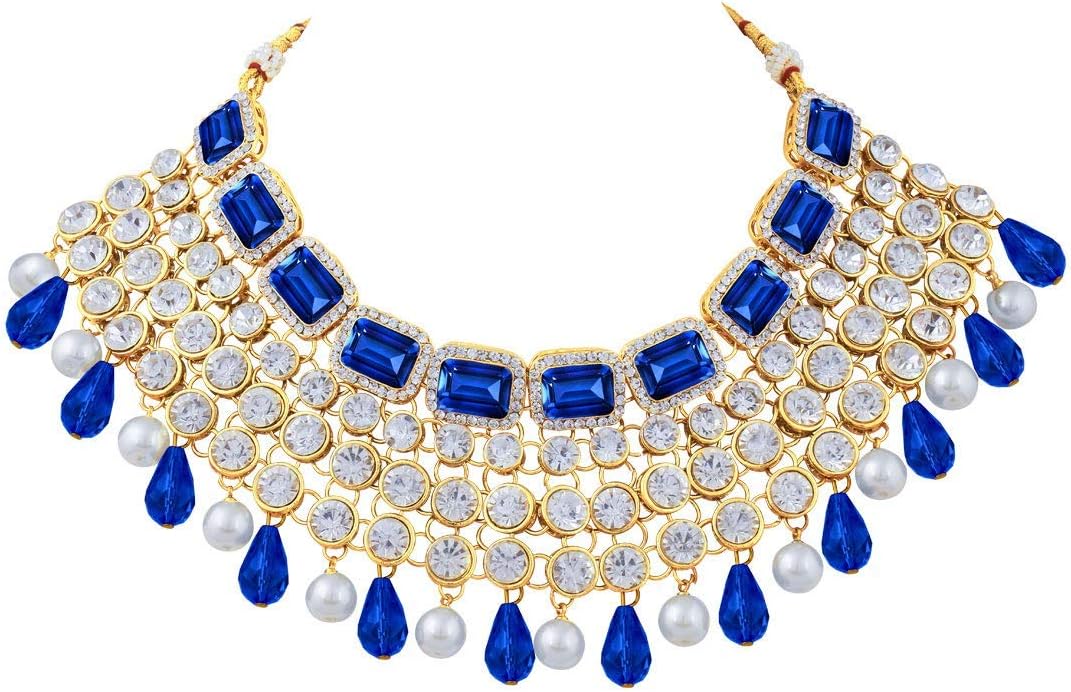 Aheli Kundan and Simulated Colored Stones Indian Ethnic Maang Tikka Necklace and Earrings Set Bollywood Festive Statement Jewelry Gift for Women