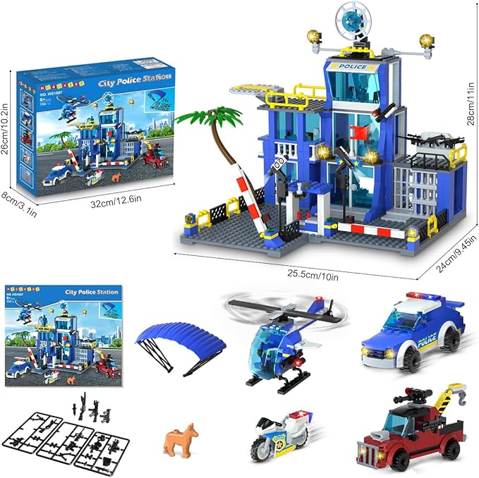 HOGOKIDS City Police Station Building Toys with LED Light - 734pcs Police Building Block Sets with Helicopter Police Motorcycle Vehicle Armored Car, Police Playset Gift for Kids Boys Girls Age 8-12+