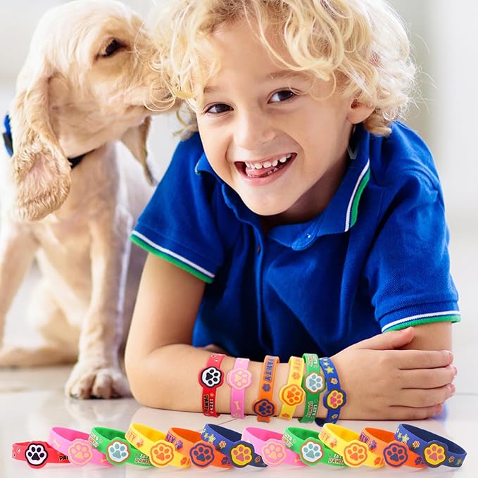 24 Dog Paw Party Favors Birthday Supplies for Kids Paw Print Silicone Wristbands Bulk Toy Gift Goodie Bag Stuffer Class Prize Filler Christmas Easter Dog Themed Party Favors