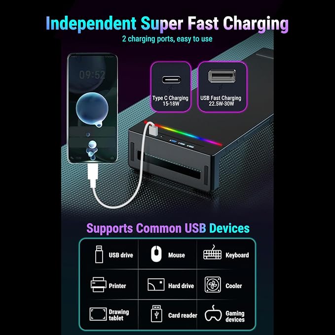 YUEHISY Monitor Stand Riser with 4 USB Ports, Phone Holder & Storage Drawer, Adjustable Foldable Computer Monitor Riser for Laptop, TV, Printer, Speaker