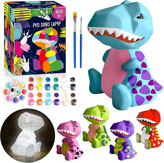 FUNZBO 4.3in Paint Your Own Dinosaur Lamp - Arts and Crafts Supplies Painting Kit for Kids Teens Adults, DIY Toys for Toddler Boy Girl Age 3 4 5 6 7 8 9 10 11 12 Birthday Easter Valentine Holiday Gift