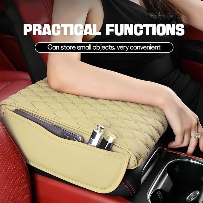 wuyaoyao Car Center Console Cover, 12.13"×8.66"×3.74" Leather Car Armrest Cover with with 2 Side Pockets, Memory Foam Soft Auto Armrest Cushion Pad, Universal Vehicle Arm Rest Protector (Beige)