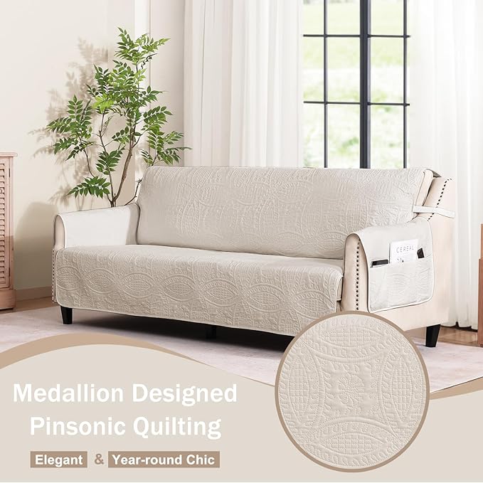 Quilted Beige Sofa Slipcovers with Pockets, Anti-Slip Medallion Couch Covers for 3 Cushion Sofa, Couch Cover for Dogs Cats Water-Repellent Machine Washable (Large Sofa 68", Beige Cream)