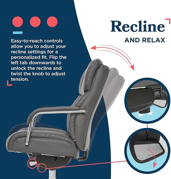 La-Z-Boy Sutherland Quilted Leather Executive Office Chair with Padded Arms, High Back Ergonomic Desk Chair with Lumbar Support, Grey Bonded Leather