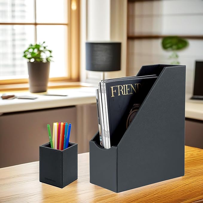 UnionBasic Magazine File Holder, Leatherette Desktop Document Organizer, Home Office Paper Holder File Storage Literature Sorter, Dark Grey