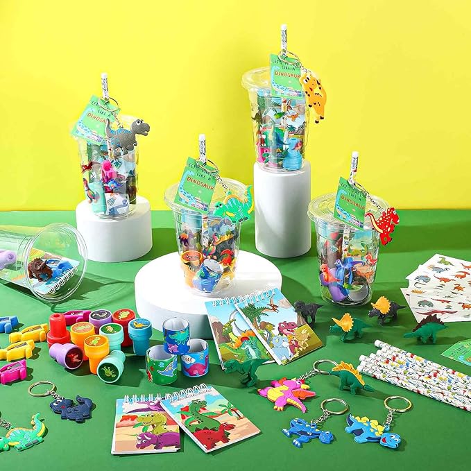 Colarr 161 Pcs Dinosaur Party Favor Dinosaur School Stationery Set Includes Gift Cup Notebook Pencil Sharpener Eraser Keychain Stamp Slap Bracelet Sticker Card For Dinosaur Birthday Supply