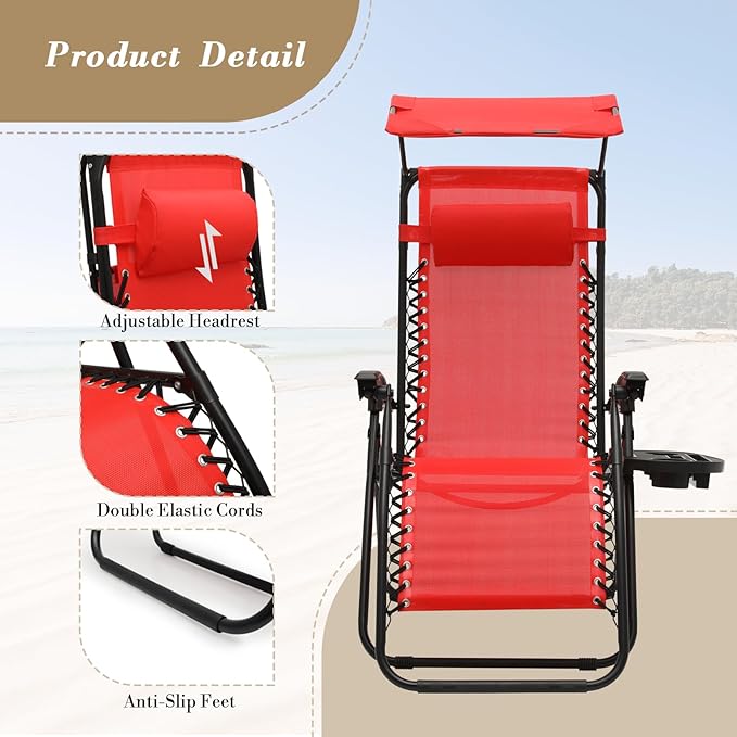 Athena Collection Zero Gravity Outdoor Lounge Chair Set of 2 with Canopy Shade, 25" Width Pool Lounge Lawn Chairs Reclining with Cup Holder, Outdoor Chaise for Beach Patio Outside, Red