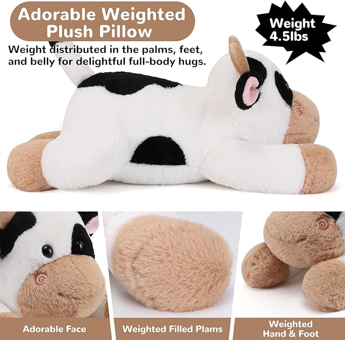 Cow Weighted Stuffed Animals - 22 Inch 4.5 Pounds Weighted Plushies Cow Stuffed Animals - Big Plush Pillow - Cute Plush Toys Gifts for Kids & Adults (22" 4.5 lbs)