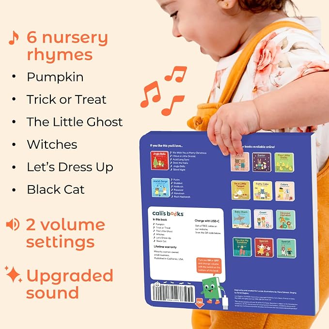 Cali's Books Halloween Musical Book | Glow-in-The-Dark Cover | New USB-C Rechargeable | Halloween Baby Toy | Halloween Books for Kids 1-3 | Halloween Toys for Toddlers 1-3
