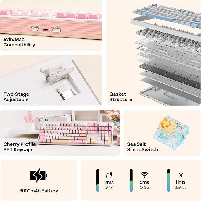 EPOMAKER TH108 Full Size Mechanical Keyboard, Wireless Gaming Keyboard with 8000mAh Battery, Creamy Gasket, 108 Keys, Hot Swap, Custom Driver, RGB Backlight (Pink, Sea Salt Silent)