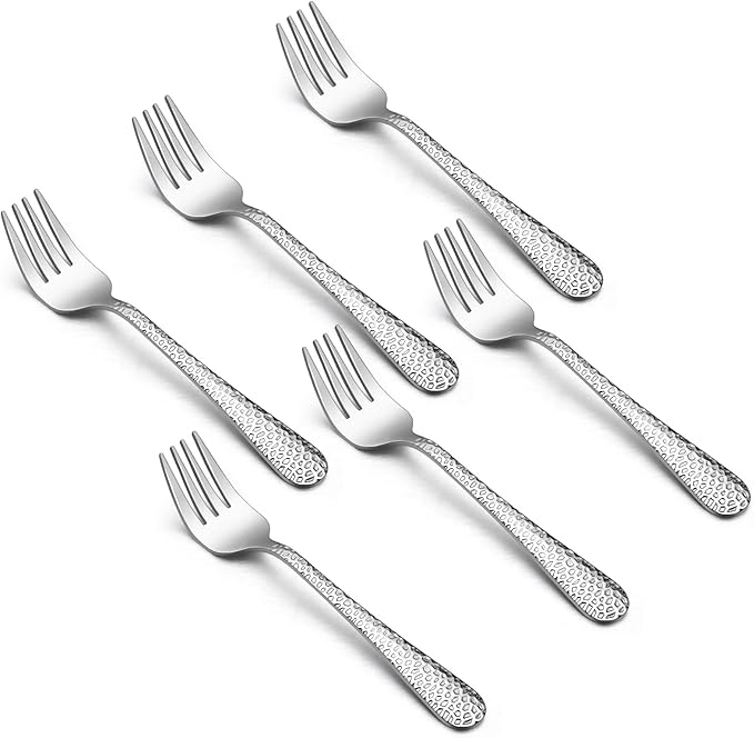 TeamFar Toddler Forks, Stainless Steel Toddler Utensil Silverware Baby Forks for Self Feeding at Home & Preschool, Healthy & Non Toxic, Mirror Polished & Hammered Handle, Dishwasher Safe, Set of 6