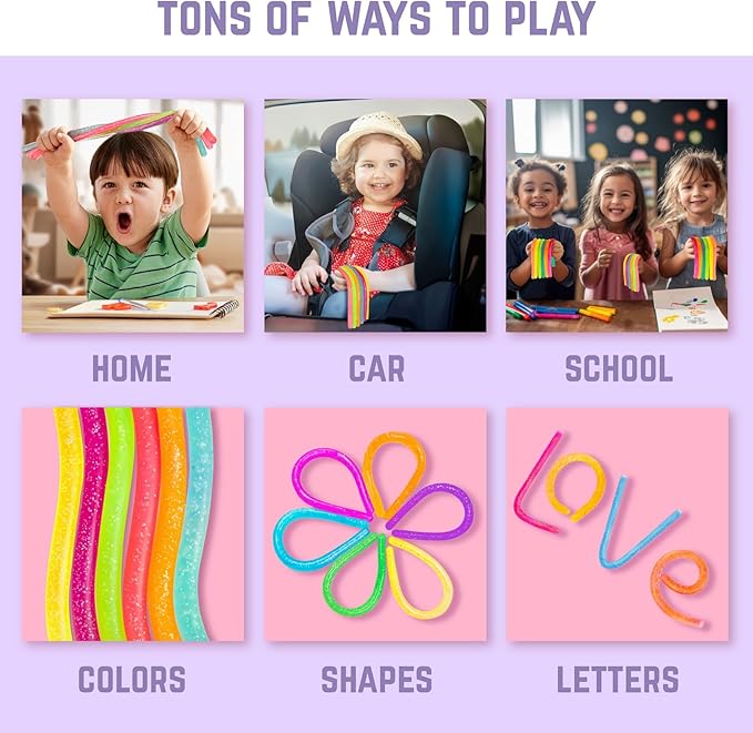 BUNMO Stretchy Strings - Sensory Toys for Toddlers - Stimulating & Addictive Sensory Toys for Kids - Fidget Toy - Hours of Fun for Kids - Non-Mouthable Toy 3+ - Glitter 6 Pack
