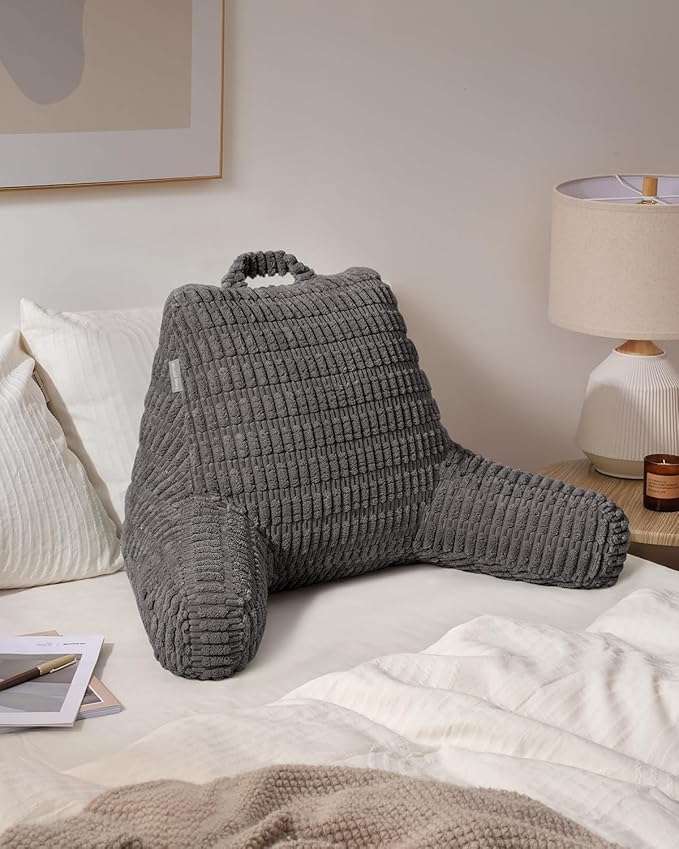 Blissful Diary Reading Pillow, Backrest Pillow with Shredded Memory Foam for Adult & Children, Designed for Bed and Couch Sitting Up, Includes Arms, Pockets and Washable Cover, Dark Gray