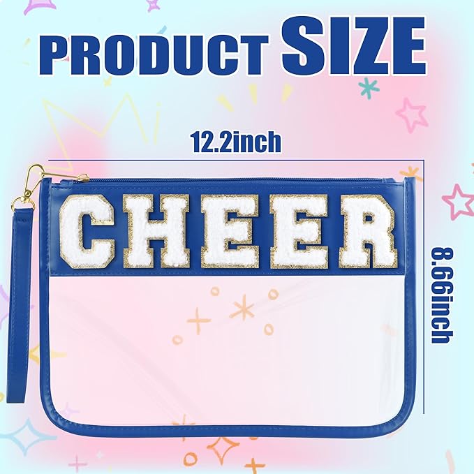 BuyCard Cheer Chenille Letter Bags Clear Makeup Bag, Cheerleader Gifts Cosmetic Bag, Varsity Preppy Patch Flat Pouch Cheer Accessories, Waterproof PVC Organizer Toiletry Bag for Women Girls Navy Blue