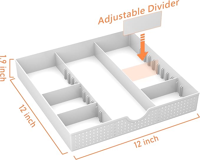 CAXXA 3 Slot Drawer Organizer with 4 Adjustable Dividers - Junk Drawer Storage for Makeup & Vanity, Office Desk Supplies and Accessories (WHITE, 1 PACK)