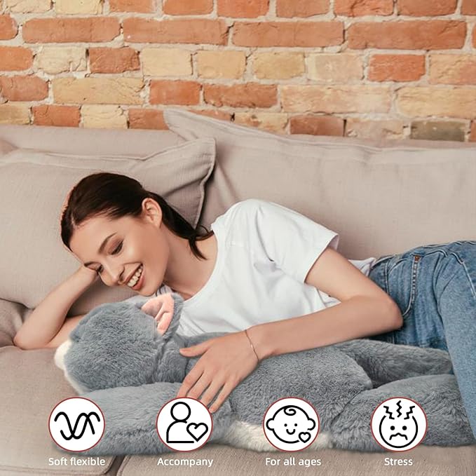 NiuniuDaddy 23.6" | 5 Pounds Grey Cat Weighted Stuffed Animals, Cute Weighted Plush Pillow Comfort Big Large Weighted Pillow Plushies Gifts for Kids & Adults, Include Bag, Stickers, Card on Valentine