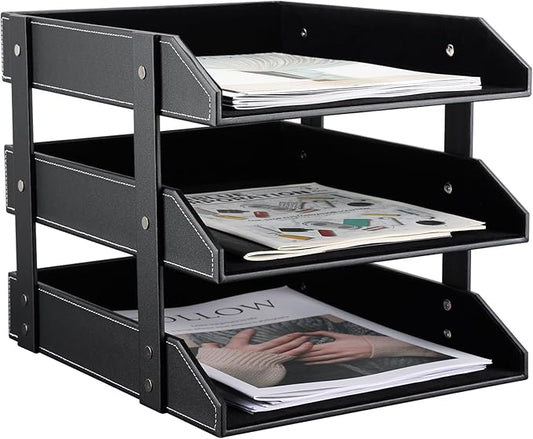 KINGFOM Letter Tray, Leather Paper Organizer Tray, Wooden Desk File Holder, Desktop File, Stackable Magazine Holder, Mail Sorter, Great for Home or Office - 3 Level Black